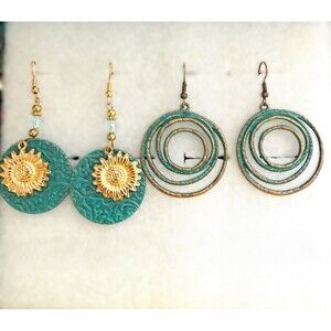 Verdigris Patina Earring Lot • 2 Pairs Boho Sunflower & Concentric Hoop Set